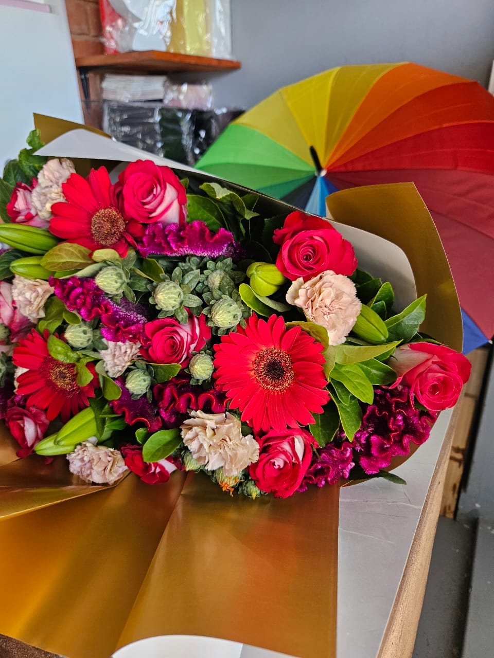 Bright mixed bouquet with balloons