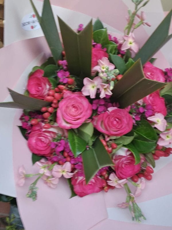 Petal Potion Bouquet with red roses, pink lilies, and lush greens – Pick A Rose Pretoria East